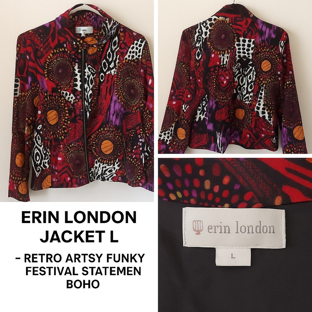 Erin London Women's Zip Jacket L Bold‎ Abstract Art Print Retro Boho Festival
